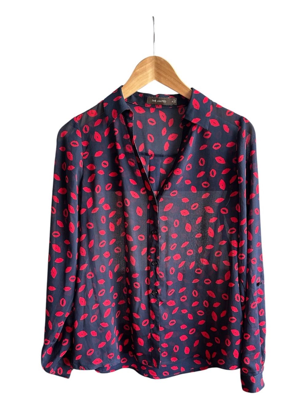 The Limited Women's S Sheer Chiffon Blouse Red Lipstick Kiss Print Navy V Neck